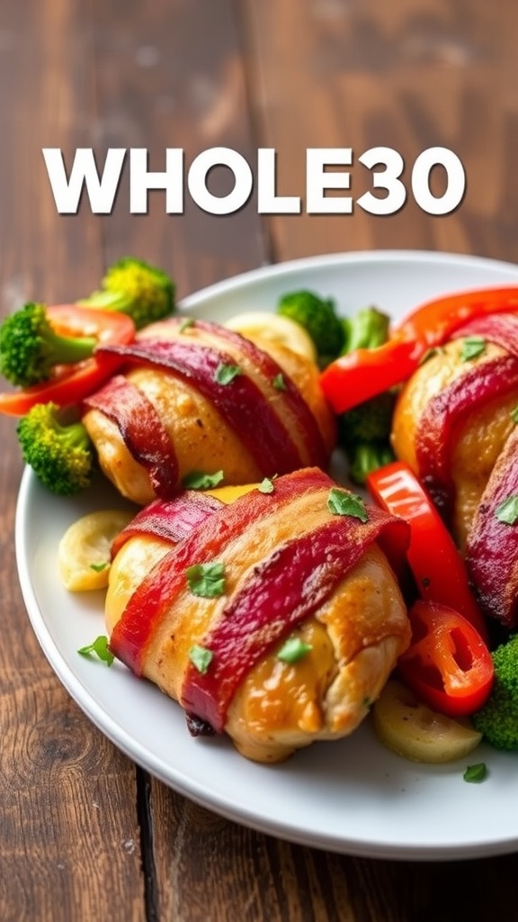 Bacon-wrapped chicken and colorful vegetables on a rustic plate, garnished with herbs.